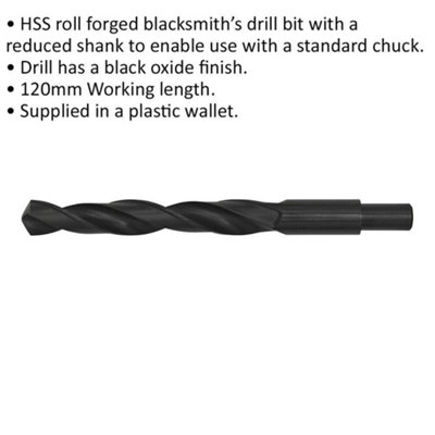 16 x 180mm HSS Roll Forged Blacksmith Drill Bit - Reduced Shank - 120mm Flute