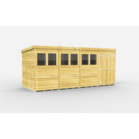 16 x 6 Feet Pent Shed - Double Door With Windows - Wood - L178 x W474 x H201 cm