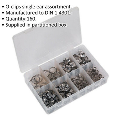 160 Piece Stainless Steel O-Clip Assortment - Single Ear - Various Sizes