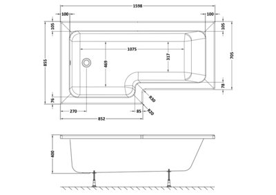 1600mm - L Shape Left Hand Contemporary Square Shower Bath Tub with Leg Set