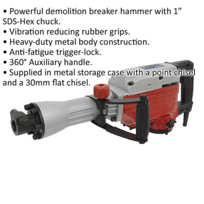 1600W Demolition Breaker Hammer - Vibration Reducing Rubber Grip - SDS-Hex Chuck