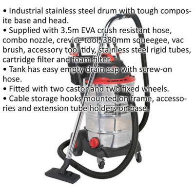 1600W Industrial Wet & Dry Vacuum Cleaner - 60L Stainless Steel Drum - 230V