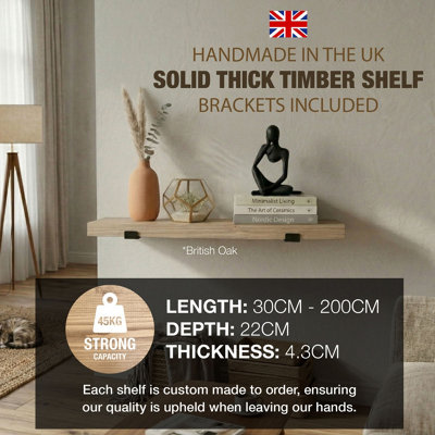 160cm British Oak Rustic Wooden Wall Shelf, Top Notch Home & Living ...