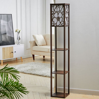 160cm E27 Base Walnut Flower Wooden Floor Lamp Floor Light with Shelves and Foot Switch For Bedroom Living Room