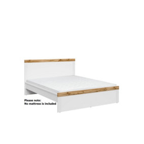 160cm Euro King Size Bed Frame with Solid Wood Slats & Headboard White/Oak Effect Scandinavian Holten