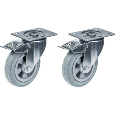 160mm 6" castor grey rubber swivel with brake strong 270kg capacity, set of 2