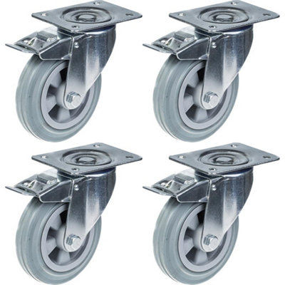 160mm 6" castor grey rubber swivel with brake strong 540kg capacity, set of 4