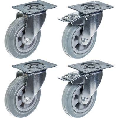 160mm 6" castor grey rubber tyre swivel & brake strong 540kg capacity, set of 4