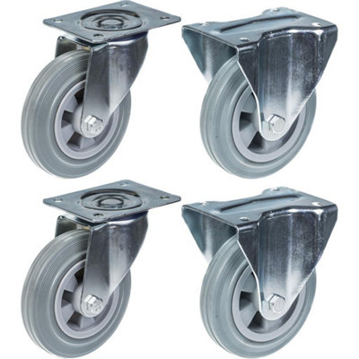 160mm 6" castor grey rubber tyre swivel & fixed strong 540kg capacity, set of 4