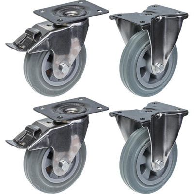 160mm 6" stainless steel castor grey rubber, brake & fixed, 540kg, set of 4
