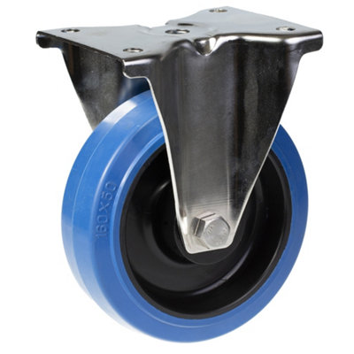 160mm stainless steel fixed castor with blue elastic rubber on nylon centre whee