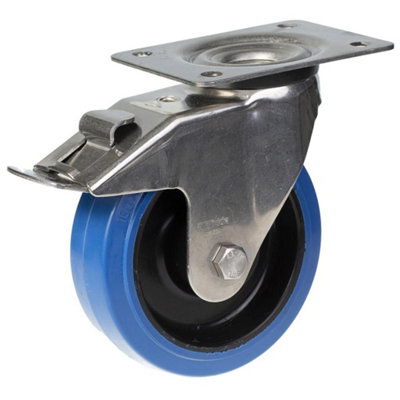 160mm stainless steel swivel/brake castor with blue elastic rubber on nylon cent