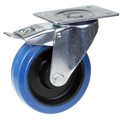 160mm swivel/brake castor with blue elastic rubber on nylon centre wheel