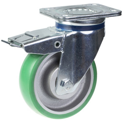 160mm swivel/brake castor with green convex elastic polyurethane on cast iron ce
