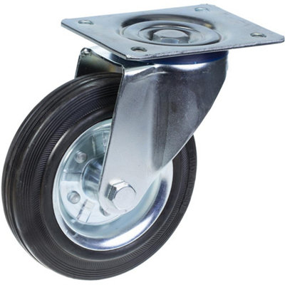 160mm swivel castor with black rubber on pressed steel centre wheel