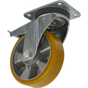 160mm Swivel Plate Castor Wheel - 50mm Tread - Aluminium & PU - Total Lock Brake