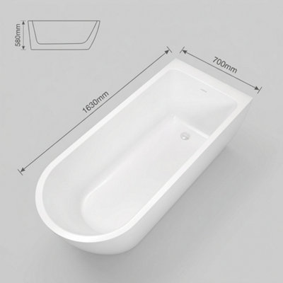 1630 x 700mm Back to Wall Bath White Curved Crosslinked Cast Acrylic ...