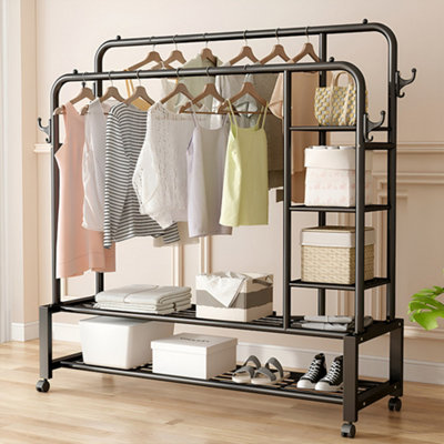 165cm H Double-Rod Clothes Rack with Shelves and Wheels in Black