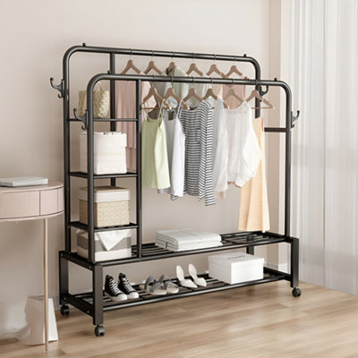 165cm H Double-Rod Clothes Rack with Shelves and Wheels in Black