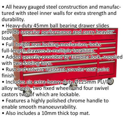 1680 x 465 x 1005mm 12 Drawer RED Portable Tool Chest Locking Mobile Storage Box