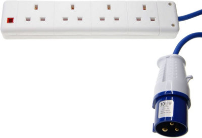 16A 2P+E Hook Up Plug to 13A 4 Gang Socket Mains Extension Cable Lead, 240V, 5m, Blue, for Caravan Site Camping Motorhome Marina