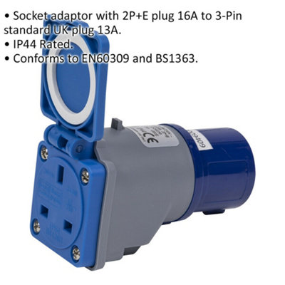 16A 2P+E Plug to Standard UK Socket Adaptor - IP44 Rated - 3-Pin UK Plug Socket