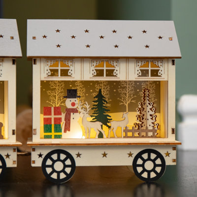 どんぐりアート♡ Xmasタペストリー＆White train ピンキーオブジェ 16cm LED Battery Operated Indoor Wooden Christmas Train