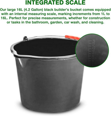 16L Black Plastic Bucket with Handles Sturdy Big Water Bucket with Measuring Scale- Ideal for for Builders Car Washes Bathroom etc