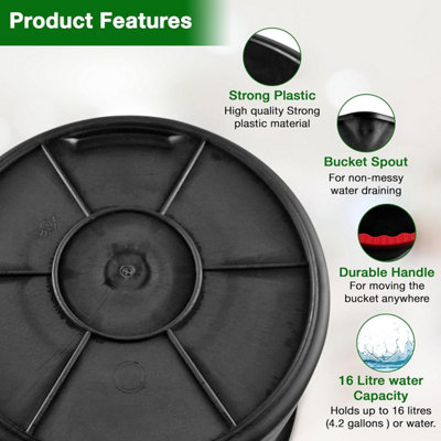 16L Black Plastic Bucket with Handles Sturdy Big Water Bucket with Measuring Scale- Ideal for for Builders Car Washes Bathroom etc - 4