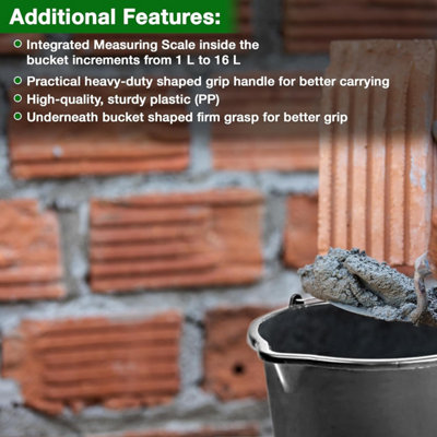 16L Black Plastic Bucket with Handles Sturdy Big Water Bucket with Measuring Scale- Ideal for for Builders Car Washes Bathroom etc - 5