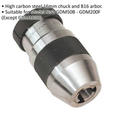 16mm Carbon Steel Keyless Pillar Drill Chuck - B16 Arbor - For ys04489 & ys04491