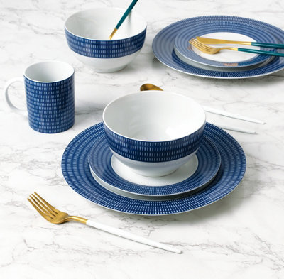 16pc Blue & White Linear Dinner Set
