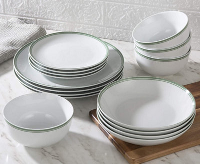 16pc Classic White Dinnerware Set with Green Double Band Rim 4x