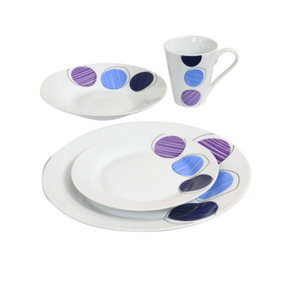16Pc Dinner Set Bowl Plate Mug Soup Side Porcelain Cup Gift Kitchen Service New Blue & Purple Patterns
