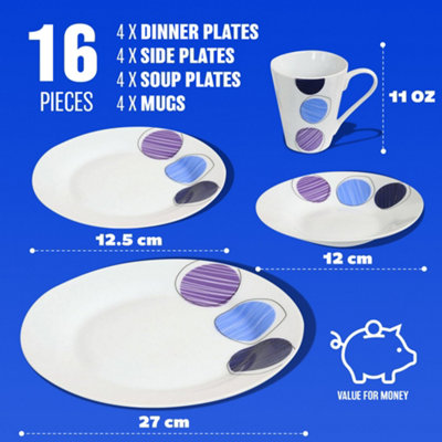 16Pc Dinner Set Bowl Plate Mug Soup Side Porcelain Cup Gift Kitchen Service New Blue & Purple Patterns