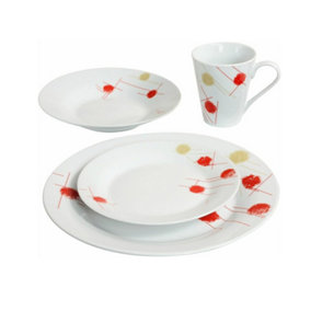 16Pc Dinner Set Bowl Plate Mug Soup Side Porcelain Cup Gift Kitchen Service New Cream & Red Patterns