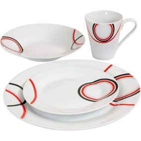 16Pc Dinner Set Bowl Plate Mug Soup Side Porcelain Cup Gift Kitchen Service New Red & Black Patterns