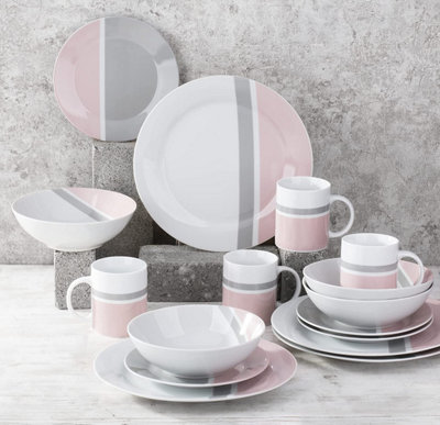 16pc Modern Pink, Grey & White Porcelain Dinnerware Set - 4X