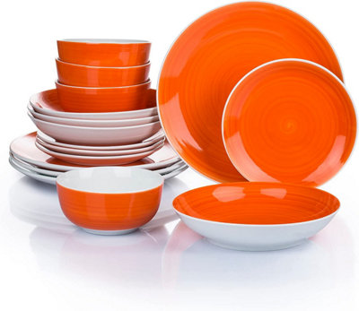 16pc Orange Swirl Porcelain Dinnerware Set - 4X Dinner Plates 