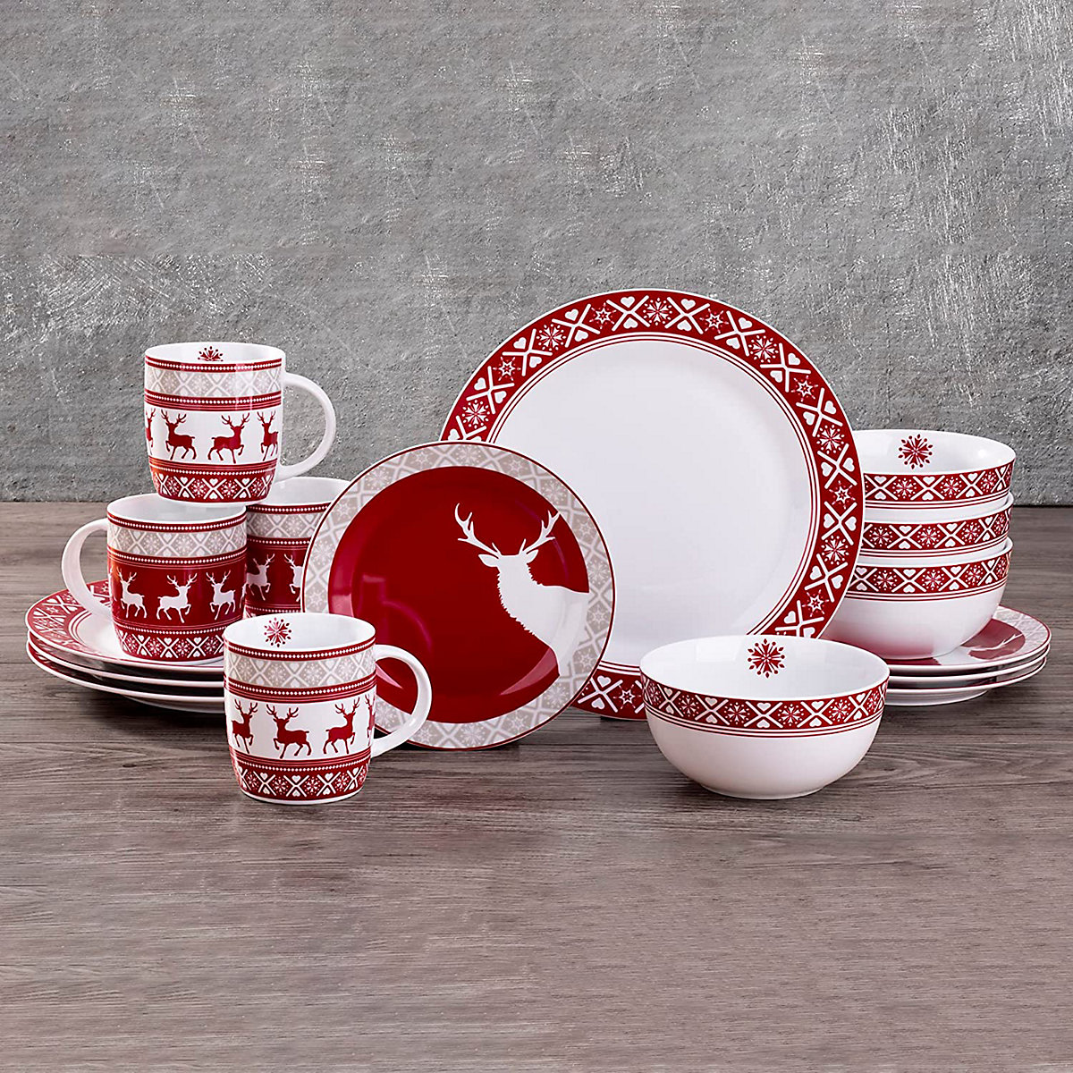 16pc Red, Grey & White Reindeer Christmas Dinnerware Set 16pc Red, Grey & White Reindeer Christmas Dinnerware Set