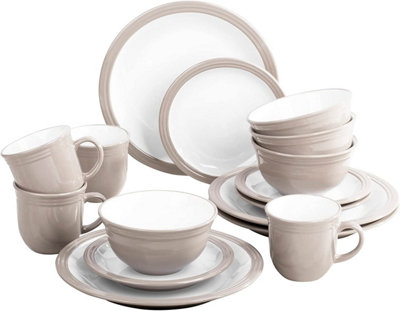 16pc Taupe White Bistro Dinnerware Set 4X Dinner Plates 4X Side Plates 4X Deep Bowls 4X Mugs DIY at B Q