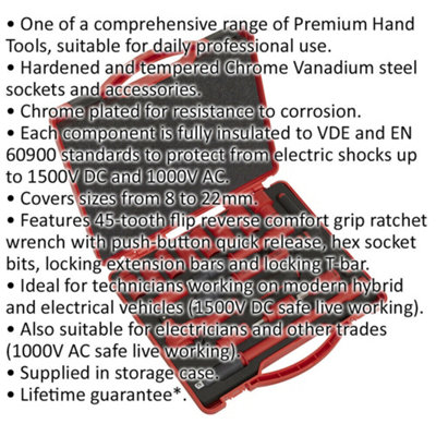 16pc VDE Insulated Socket & Ratchet Handle Set -3/8" Square Drive 6 Point Metric