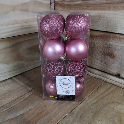 16pcs 6cm Assorted Shatterproof Baubles Christmas Decoration in Rose Pink - 7