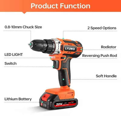 16V Cordless Drill 40Nm Electric Screwdriver 2-Speed Keyless Chuck ...