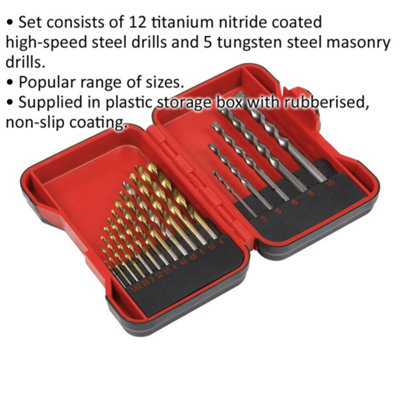 17 Piece Drill Bit Set - 12 Titanium Coated HSS & 5 Tungsten Steel ...