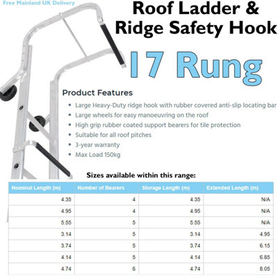17 Rung Roof Ladder with Ridge Safety Hook - 4.3m Tile Grip Steps for ...