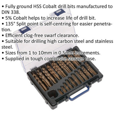170 Piece Fully Ground HSS Cobalt Drill Bit Set- 1mm to 10mm - Split Point Tips