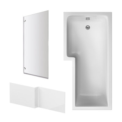 1700 mm L Shape Bathtub, Front Panel with Bath Screen - Chrome Profile