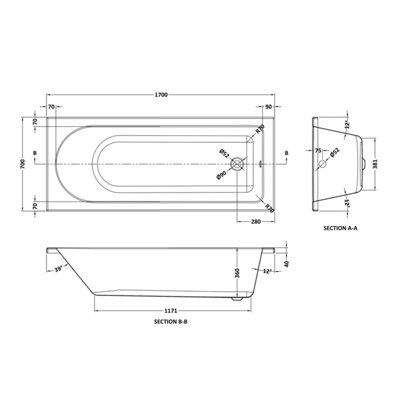 1700 x 700mm Round Bathtub, Front Panel and Bath Screen - Chrome Profile