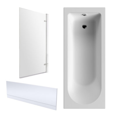 1700 x 700mm Round Bathtub, Front Panel with Square Hinged Bath Screen - Chrome Profile